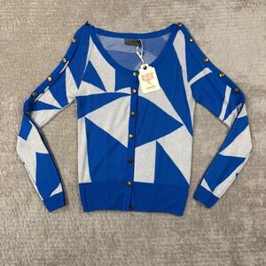 Numph Anna Blue White Geometric Button Cold Shoulder Cardigan Sweater Size M NEW